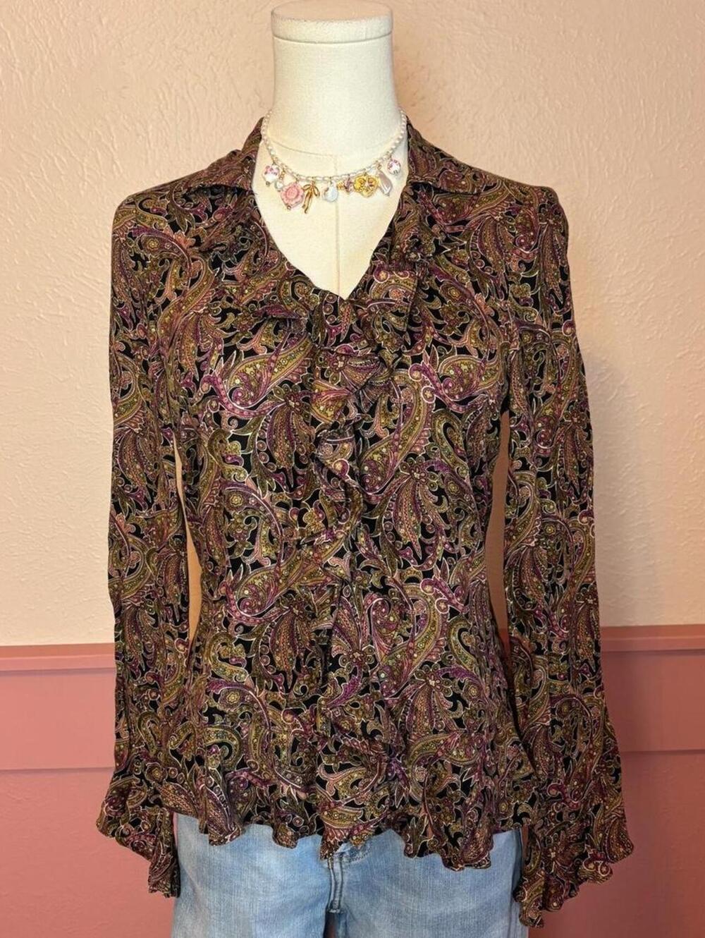 fairy ruffle whimsy top studio by liz claiborne brown paisley button up flowy